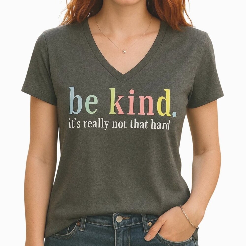 Be Kind Graphic Tee Size S Heather Gray Short Sleeve V Neck Positive Quote Top